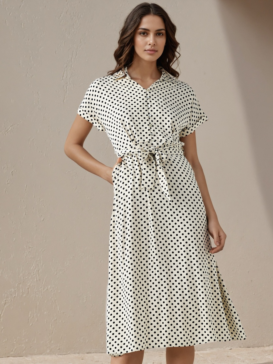 Polka Dot Print A-Line Dress with Waist Tie-Up