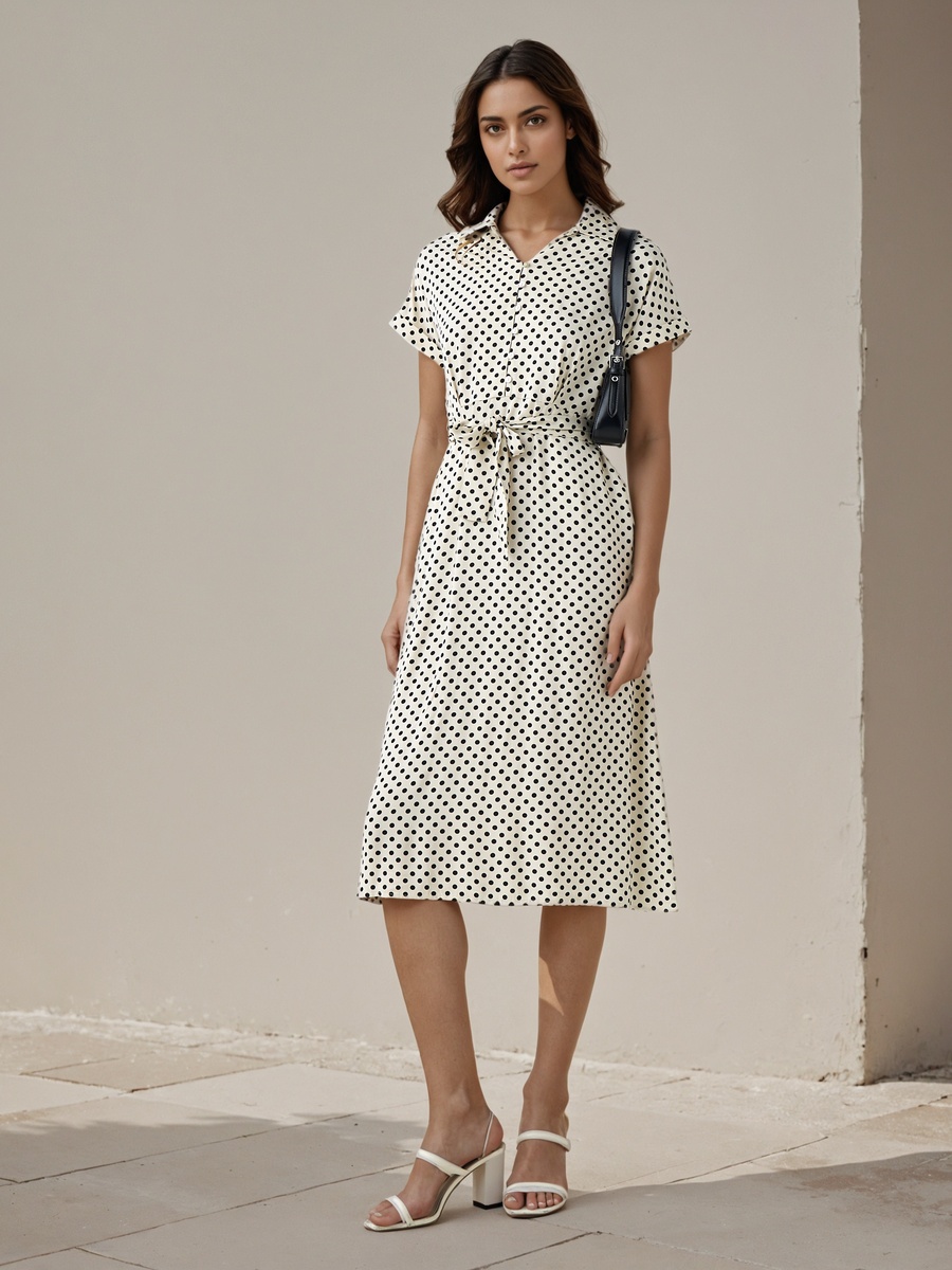 Polka Dot Print A-Line Dress with Waist Tie-Up