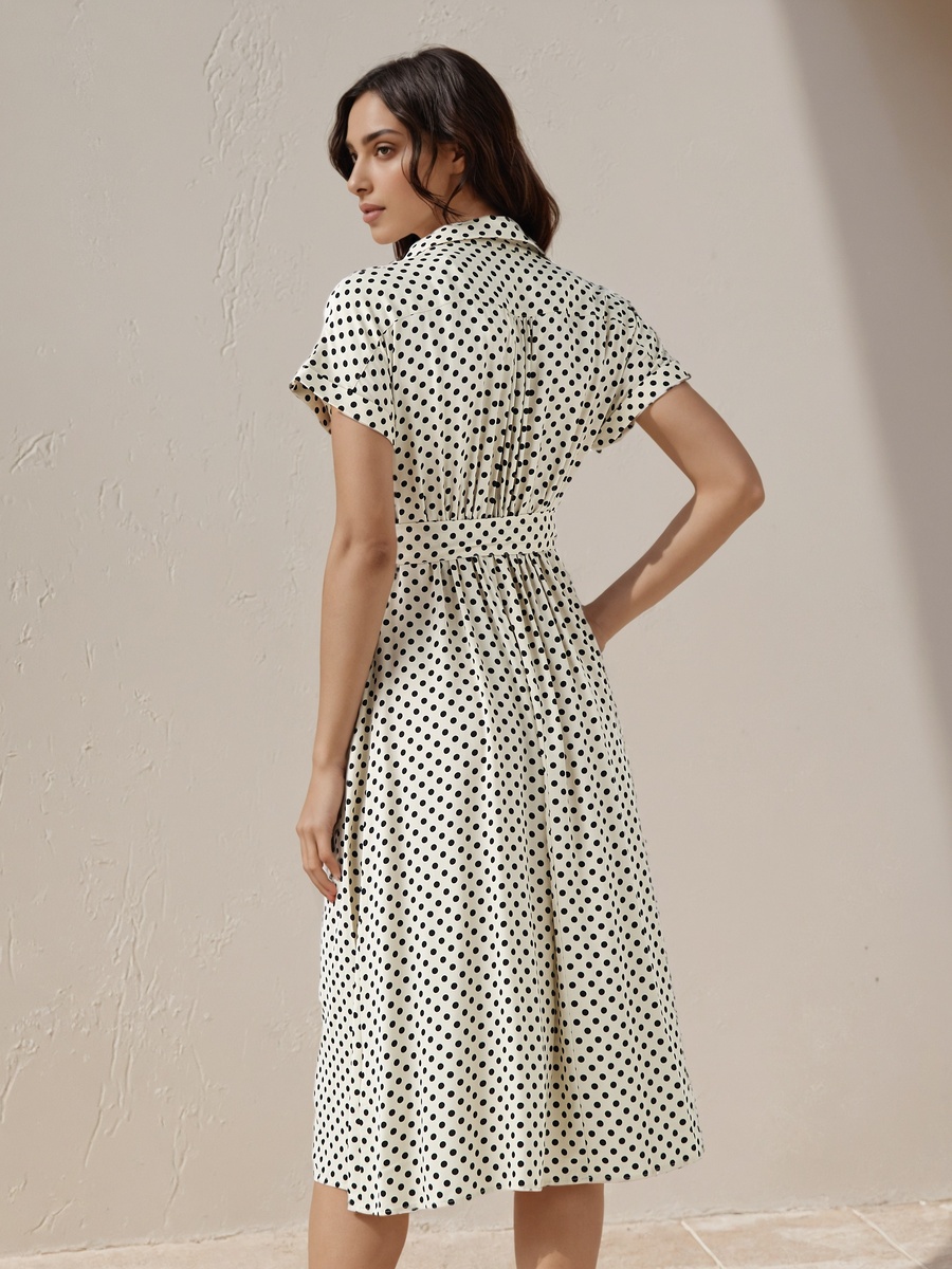 Polka Dot Print A-Line Dress with Waist Tie-Up