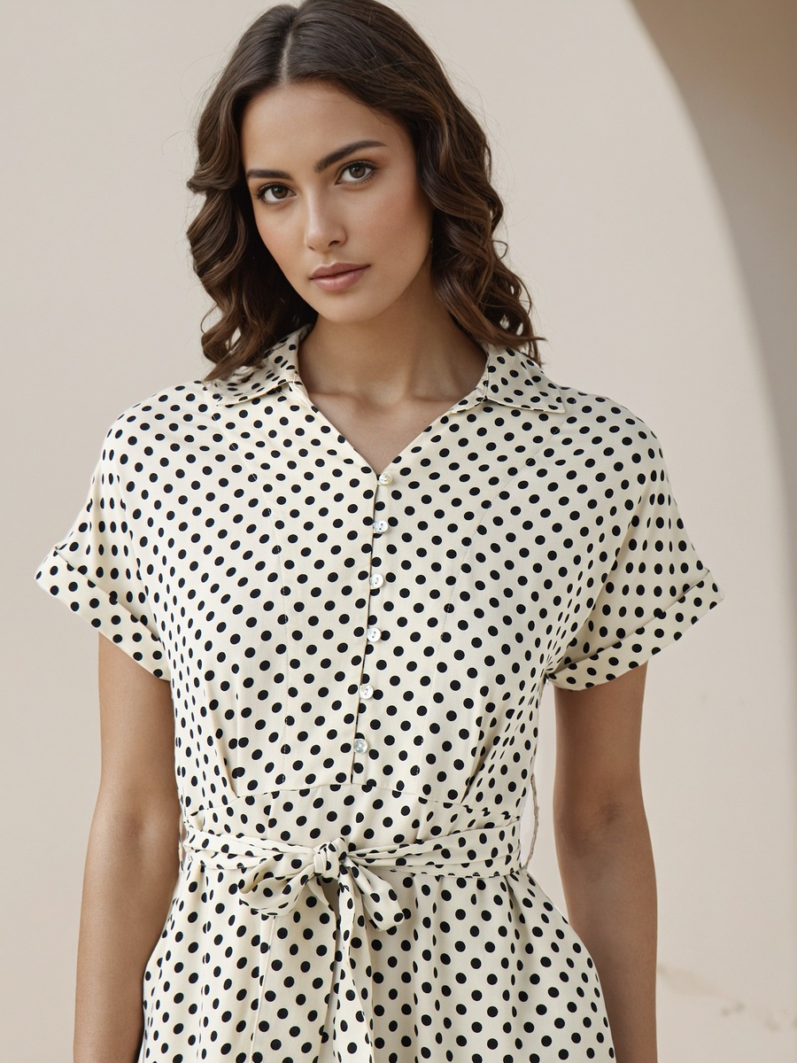Polka Dot Print A-Line Dress with Waist Tie-Up