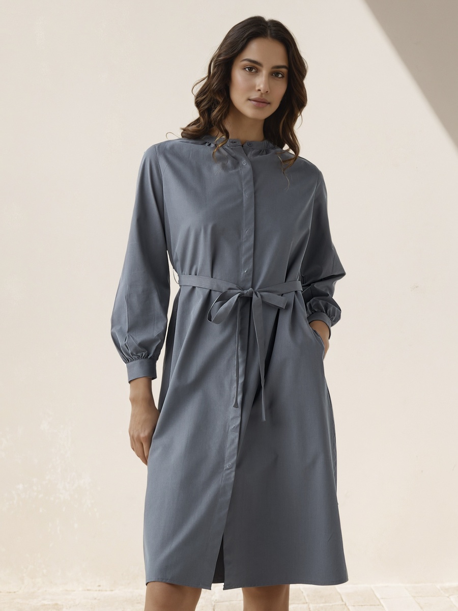 Shirt Midi Dress with Waist Tie-Up
