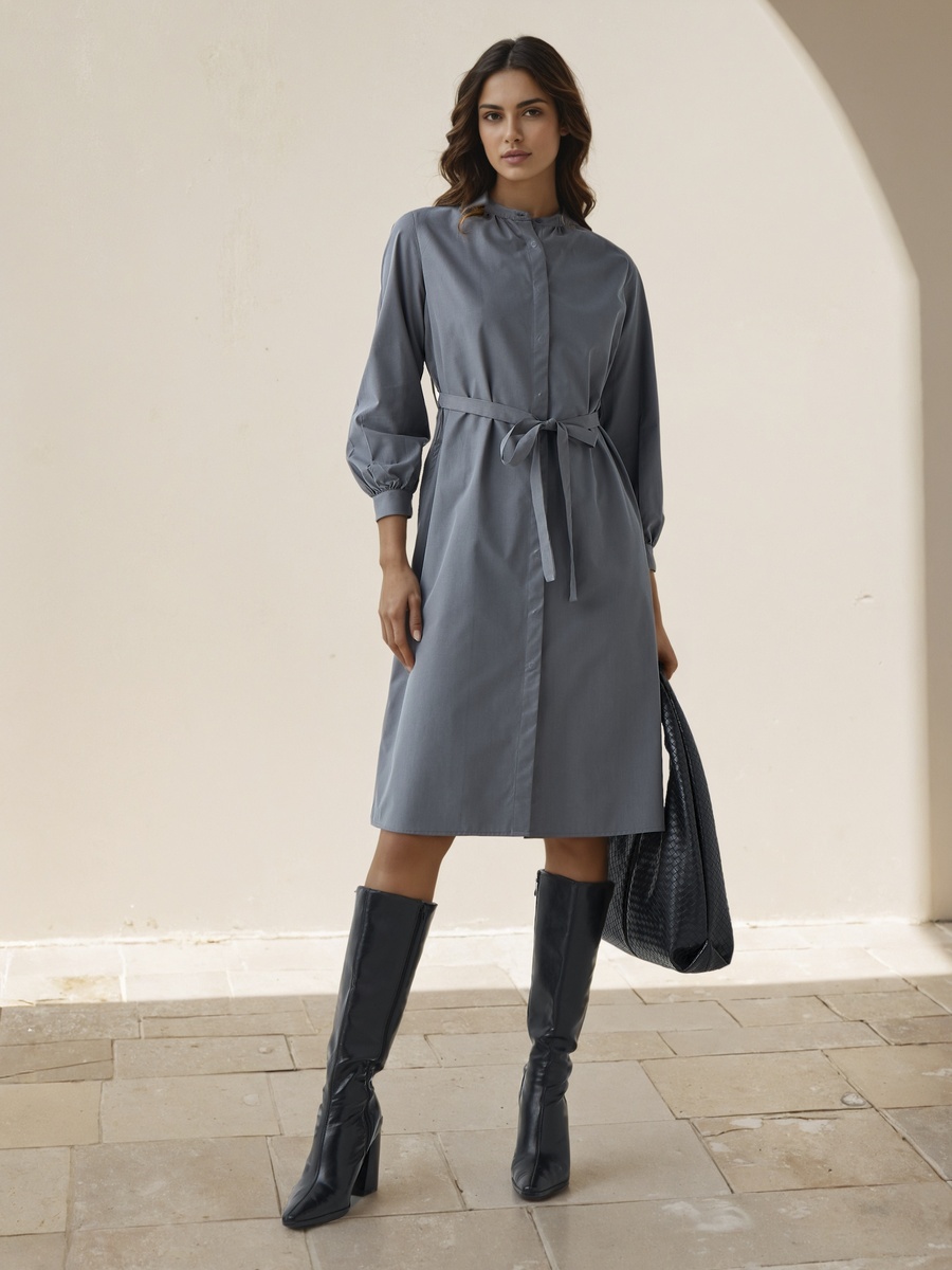Shirt Midi Dress with Waist Tie-Up