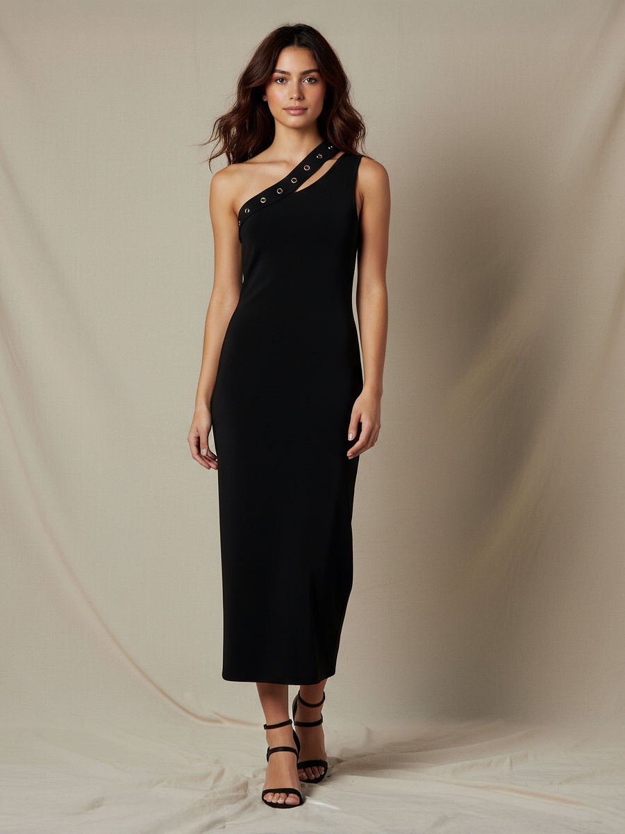One Shoulder Midi Bodycon Dress with Rivet Detail