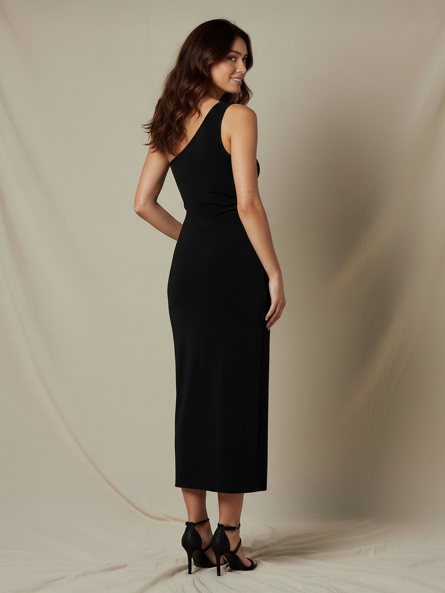One Shoulder Midi Bodycon Dress with Rivet Detail