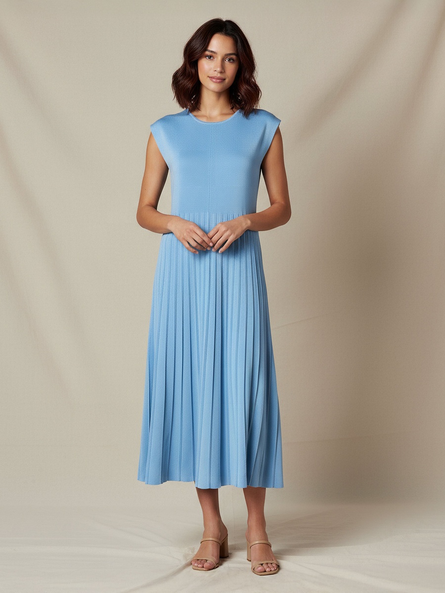 A-Line Midi Sleeveless Dress with Pleated Design