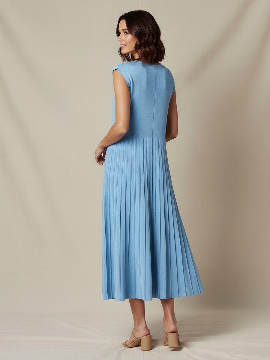 A-Line Midi Sleeveless Dress with Pleated Design