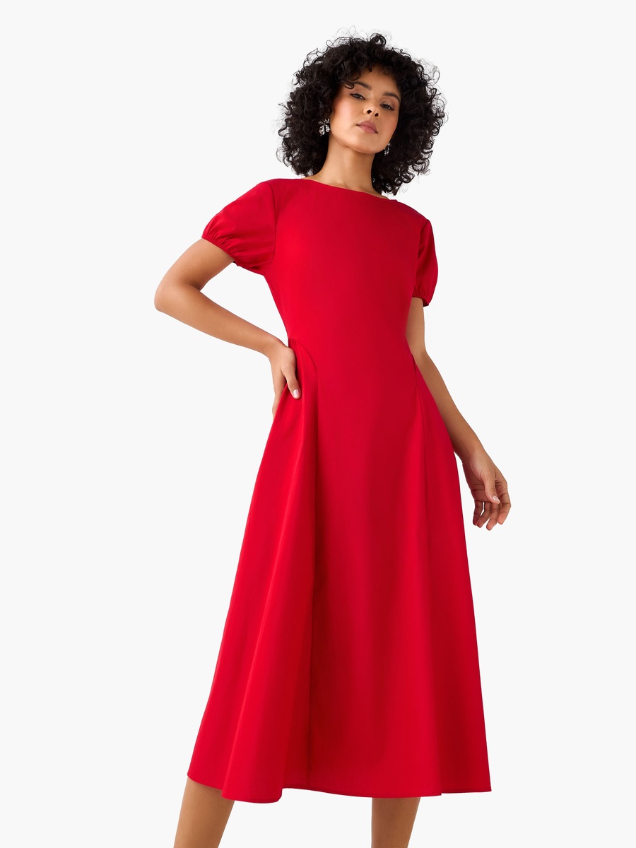 A-Line Midi Cotton Dress with Puff Sleeves