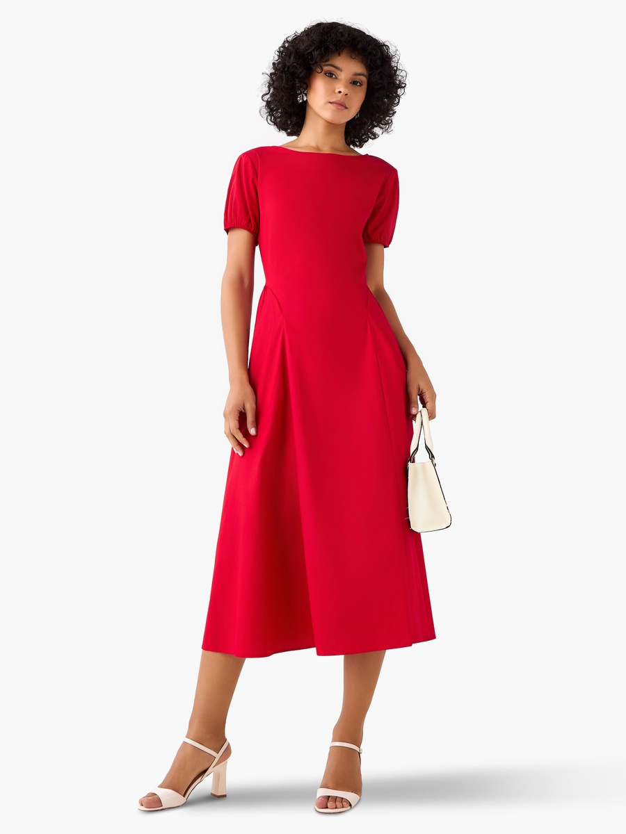 A-Line Midi Cotton Dress with Puff Sleeves