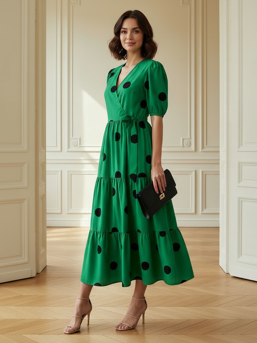 Polka Dot Print Midi Tiered Dress with Short Sleeves and Tie-Up Detail