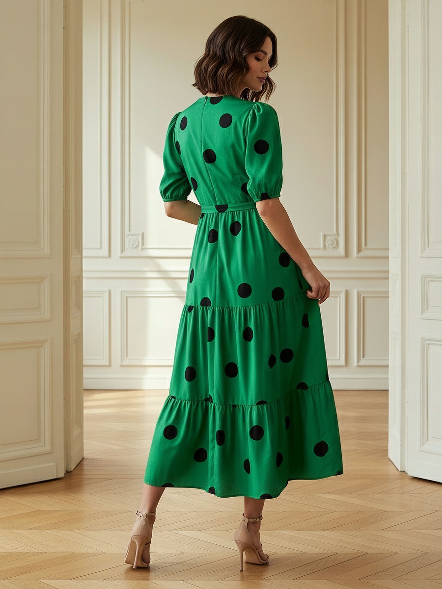 Polka Dot Print Midi Tiered Dress with Short Sleeves and Tie-Up Detail