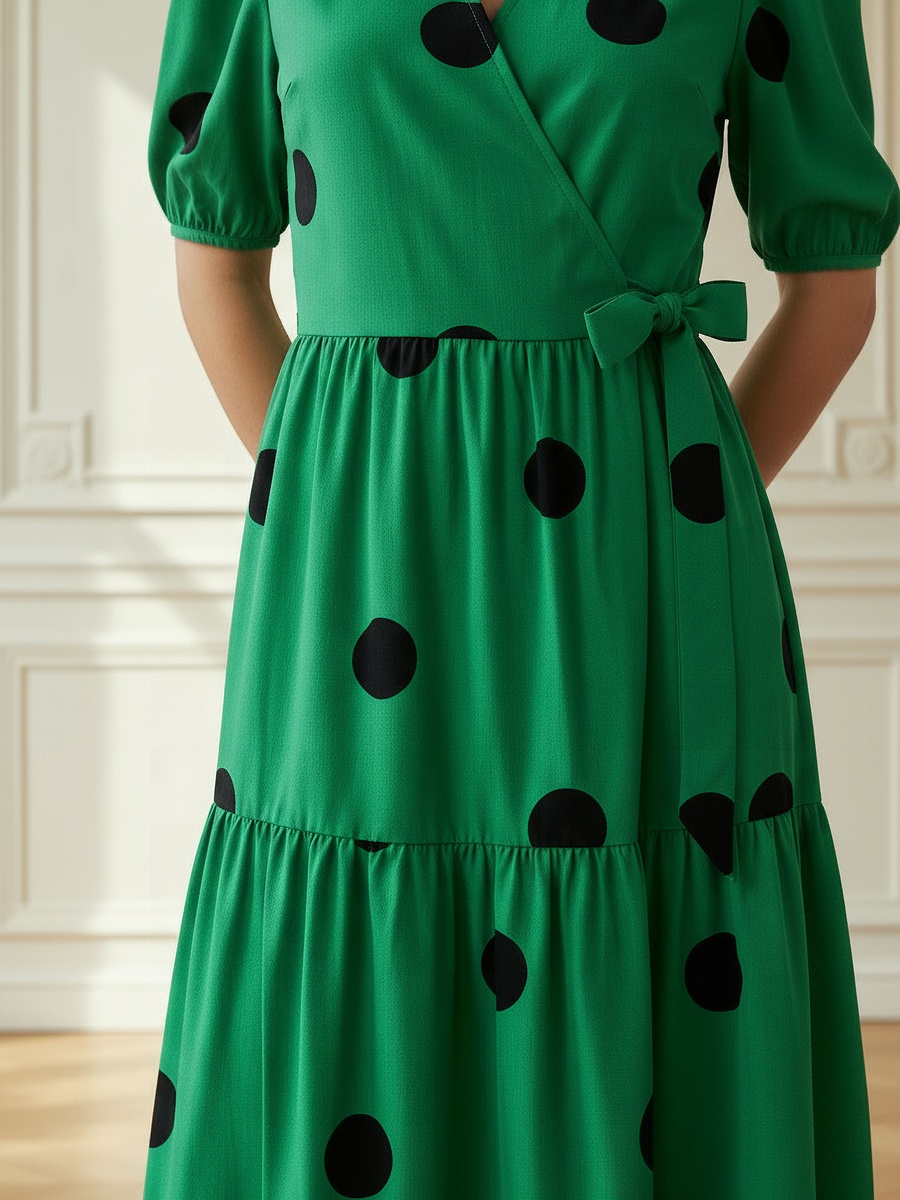 Polka Dot Print Midi Tiered Dress with Short Sleeves and Tie-Up Detail