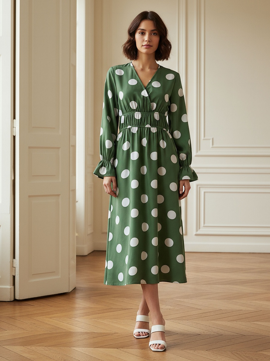 Polka Dot Print Midi Dress with Long Sleeves and Cinched Waist Detail