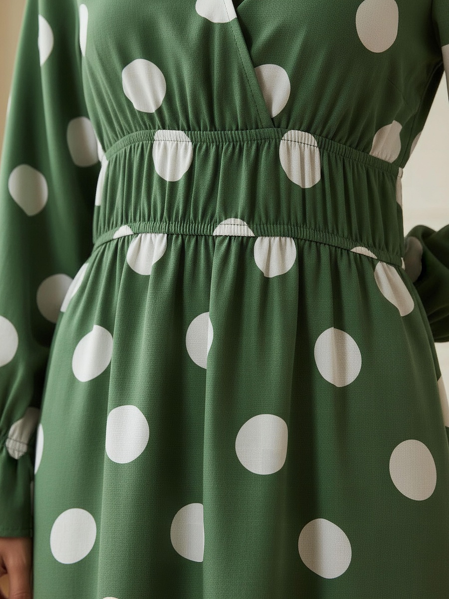 Polka Dot Print Midi Dress with Long Sleeves and Cinched Waist Detail