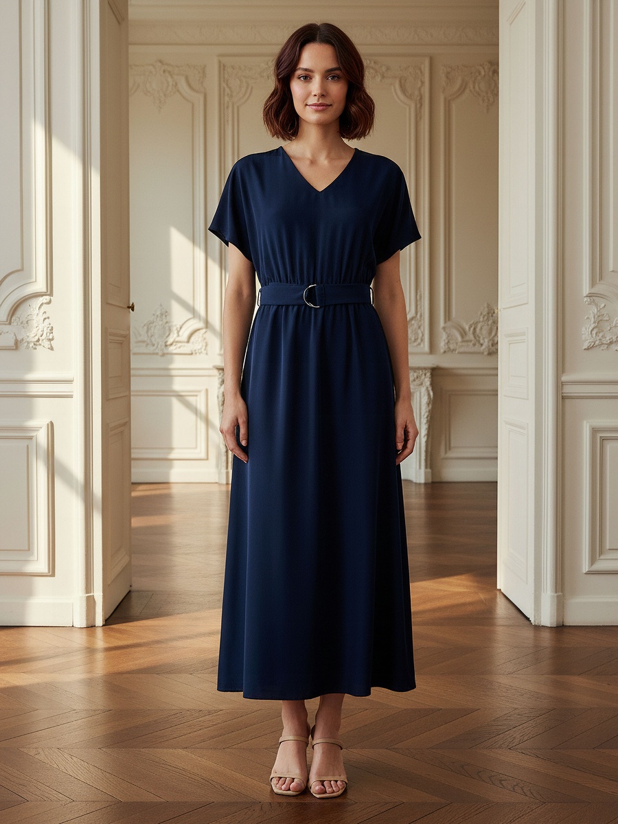 Belted Midi Dress with Short Sleeves and V Neck
