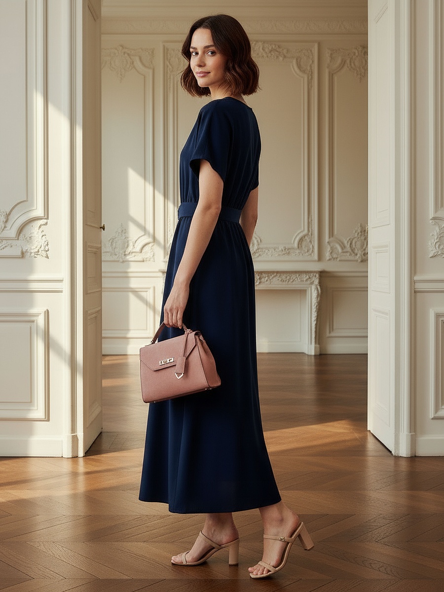 Belted Midi Dress with Short Sleeves and V Neck