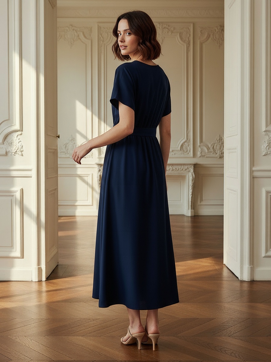 Belted Midi Dress with Short Sleeves and V Neck