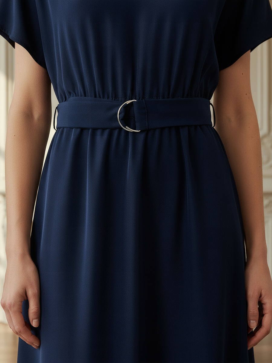 Belted Midi Dress with Short Sleeves and V Neck