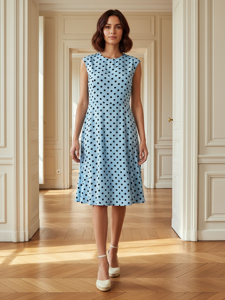 Polka Dot Print Sleeveless Mini Dress with Crew Neck