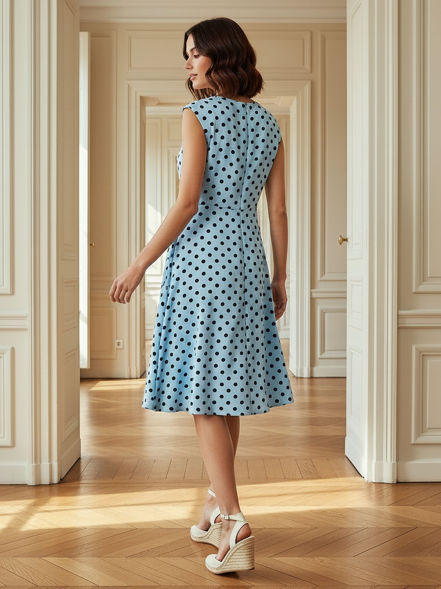 Polka Dot Print Sleeveless Mini Dress with Crew Neck