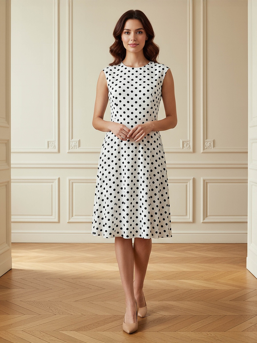 Polka Dot Print Sleeveless Mini Dress with Crew Neck