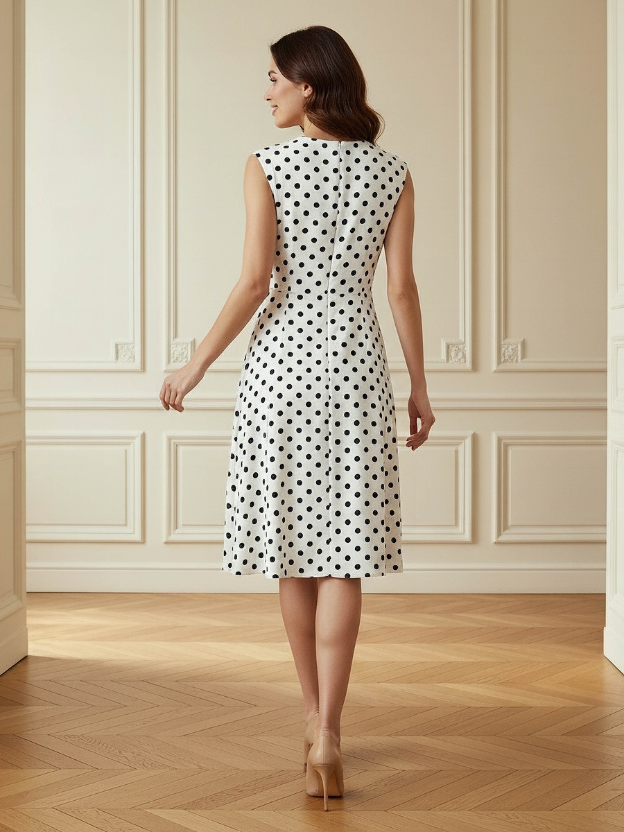 Polka Dot Print Sleeveless Mini Dress with Crew Neck