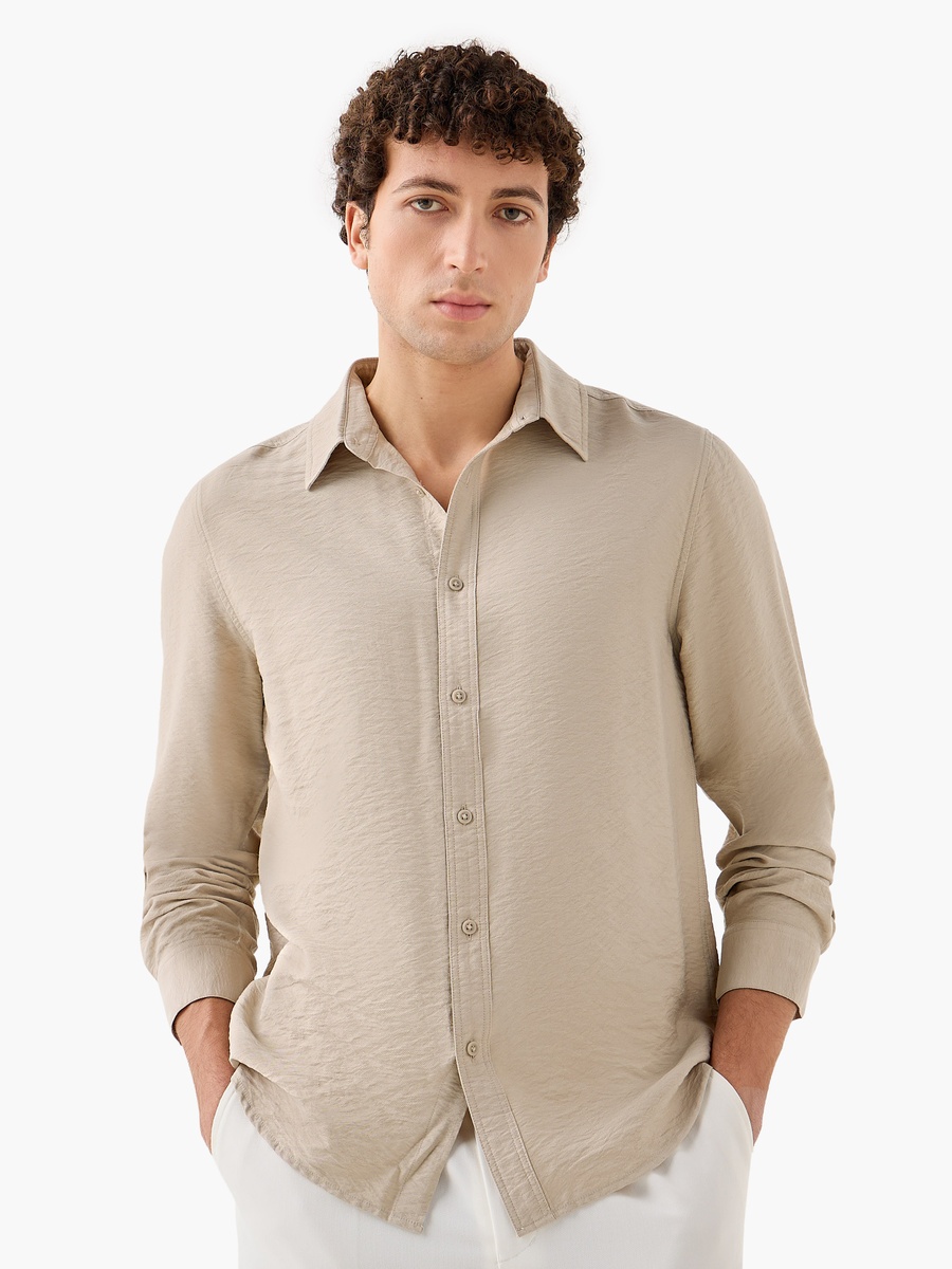 Men Regular Fit Collared Crinkle Texture Long Sleeves Shirt
