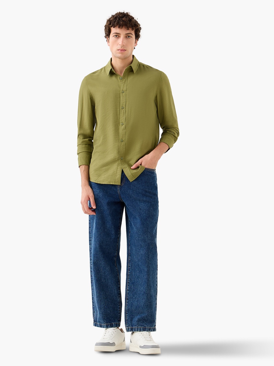 Men Regular Fit Collared Crinkle Texture Long Sleeves Shirt