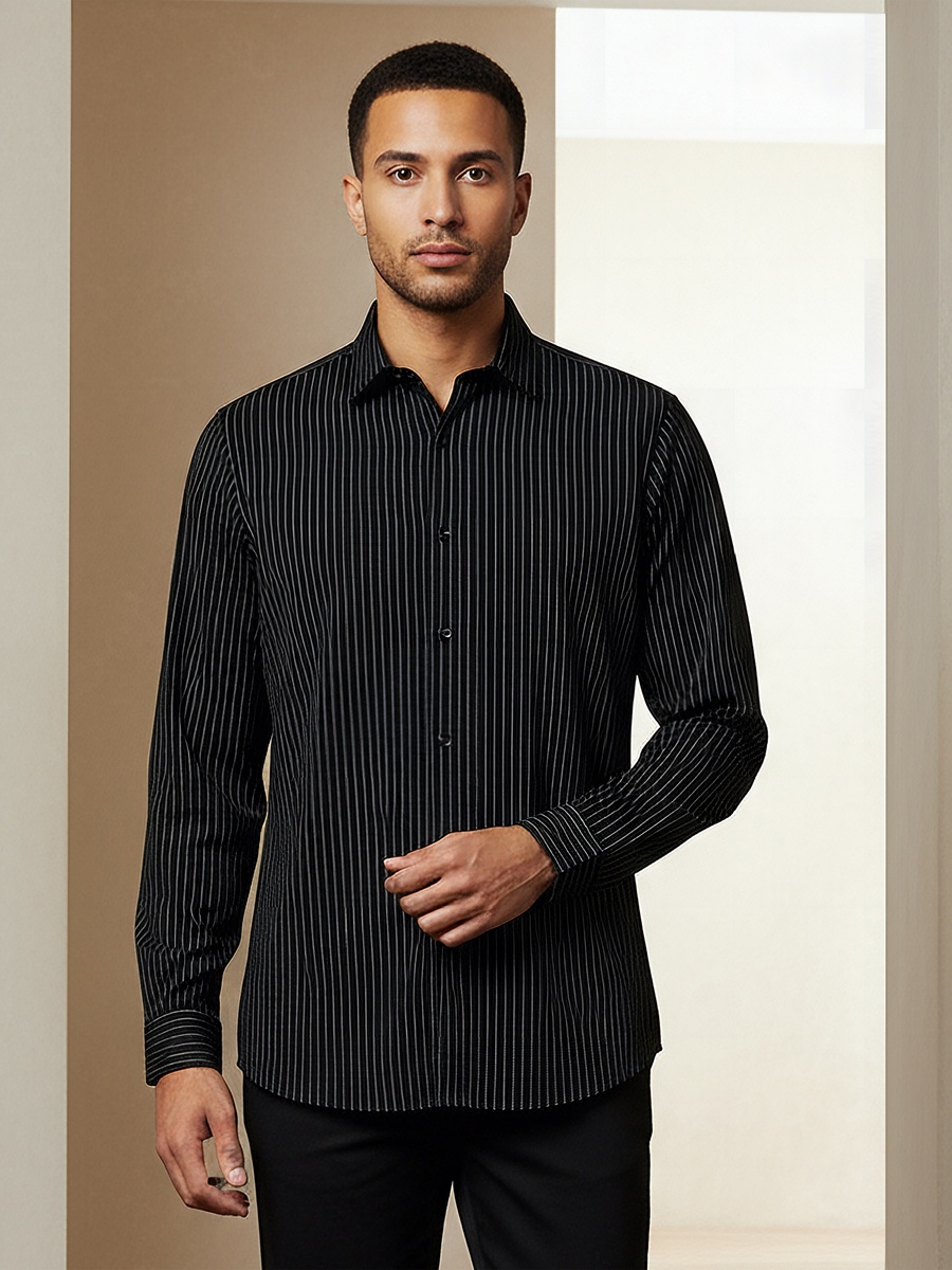 Men Regular Fit Button-Down Pinstripe Long Sleeve Shirt