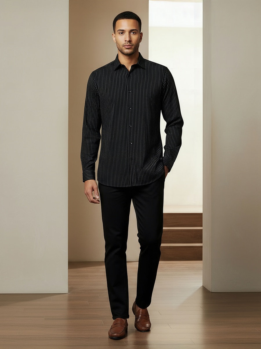 Men Regular Fit Button-Down Pinstripe Long Sleeve Shirt