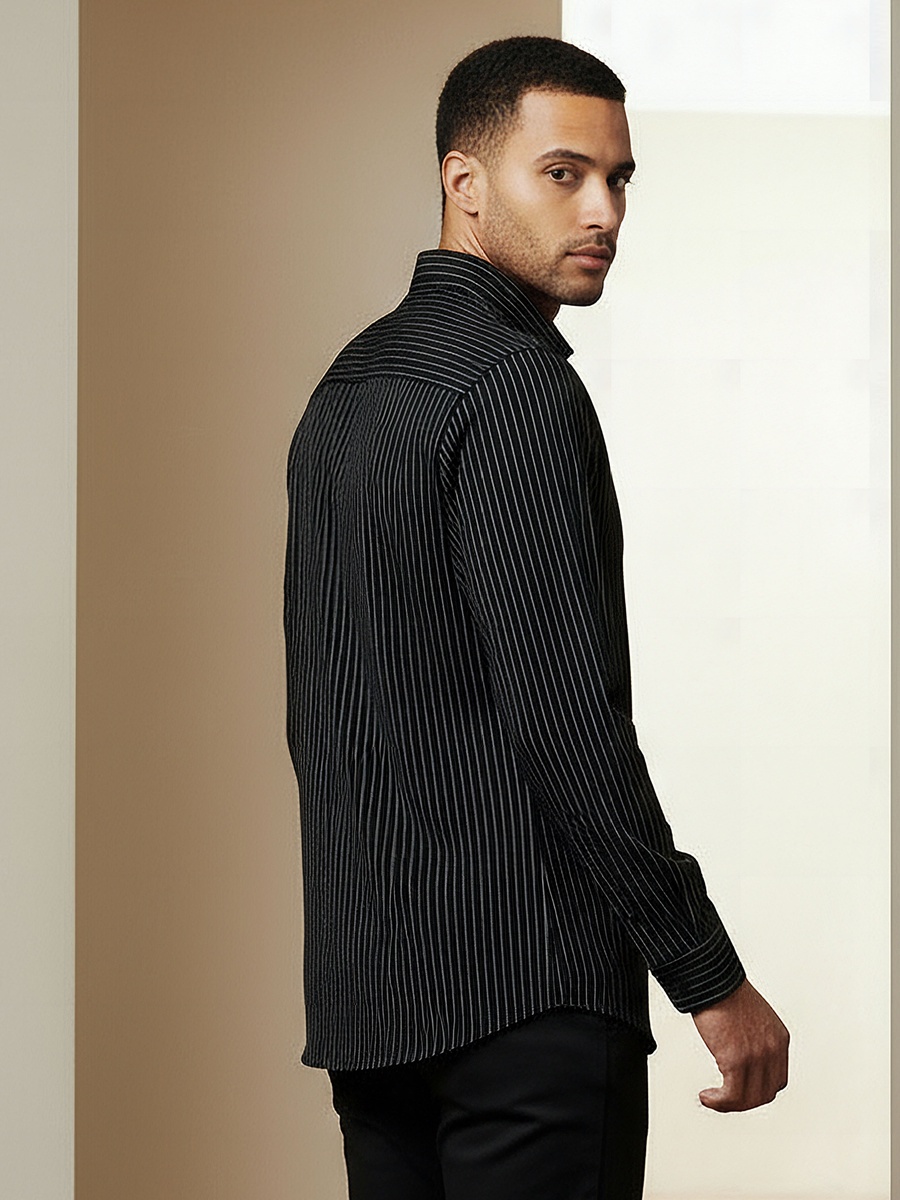 Men Regular Fit Button-Down Pinstripe Long Sleeve Shirt