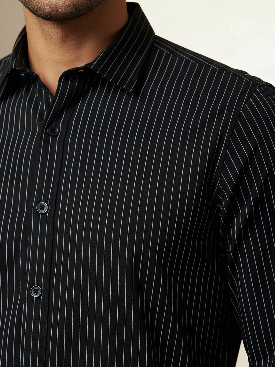 Men Regular Fit Button-Down Pinstripe Long Sleeve Shirt