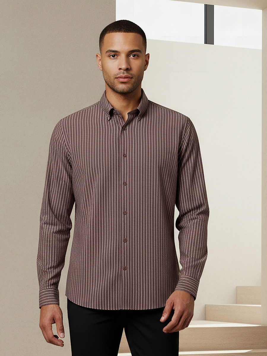 Men Regular Fit Button-Down Pinstripe Long Sleeve Shirt