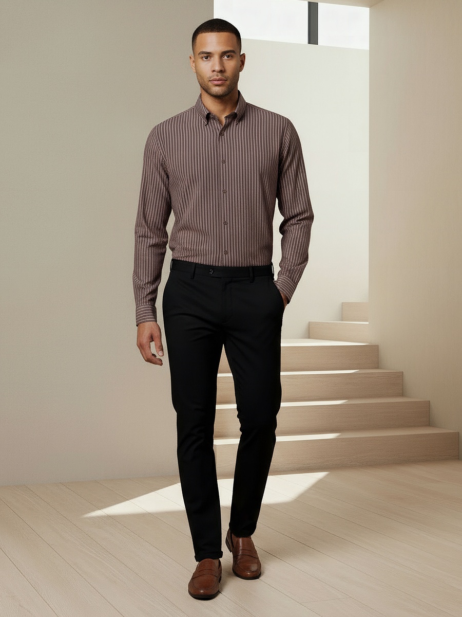 Men Regular Fit Button-Down Pinstripe Long Sleeve Shirt