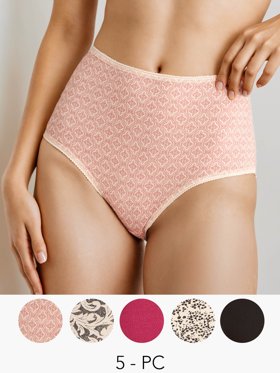 Set of 5 - High Waist Full Briefs with Lace Trim