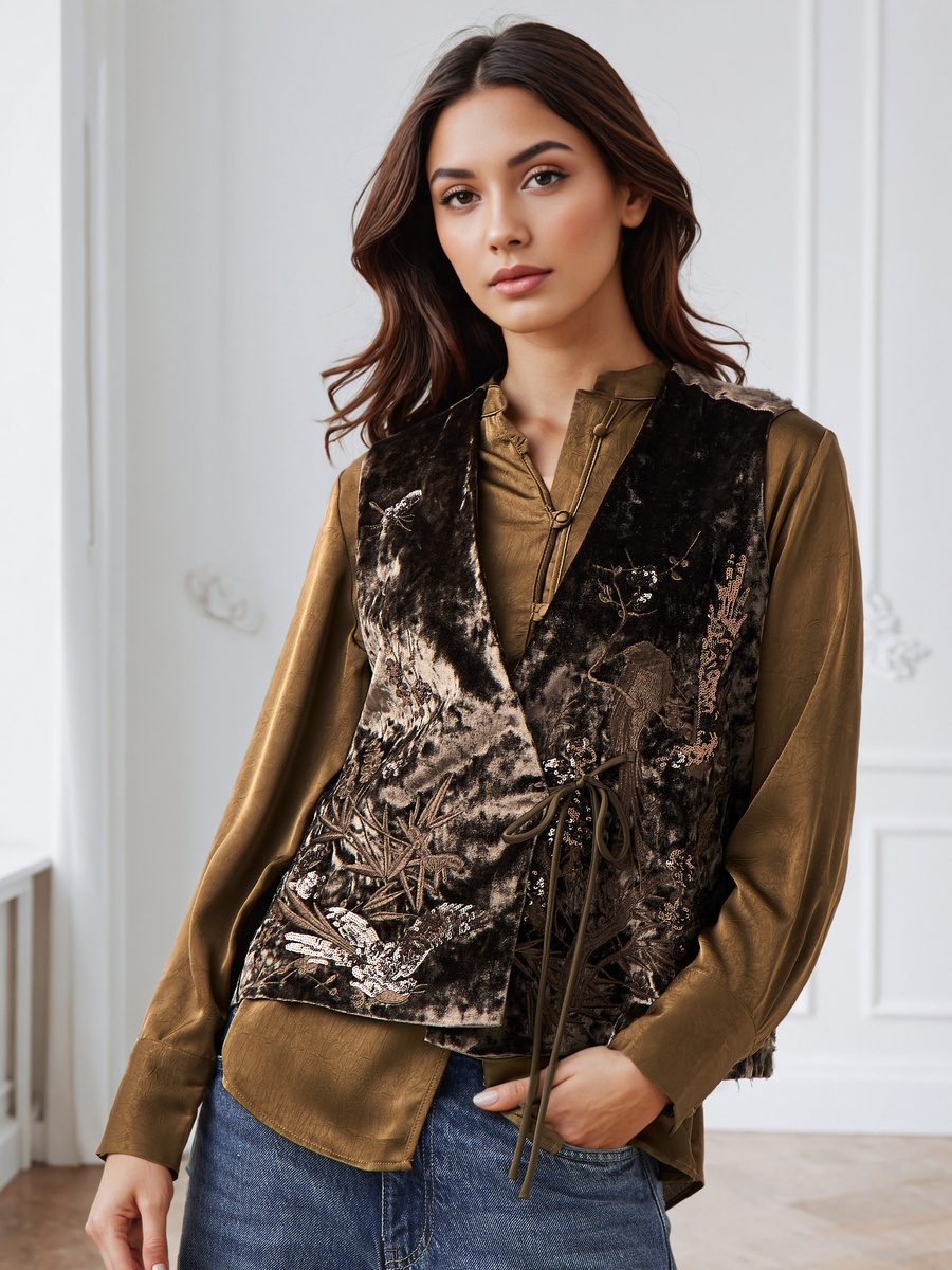 Regular Fit Shirt with Sequin Embroidered Velvet Coat