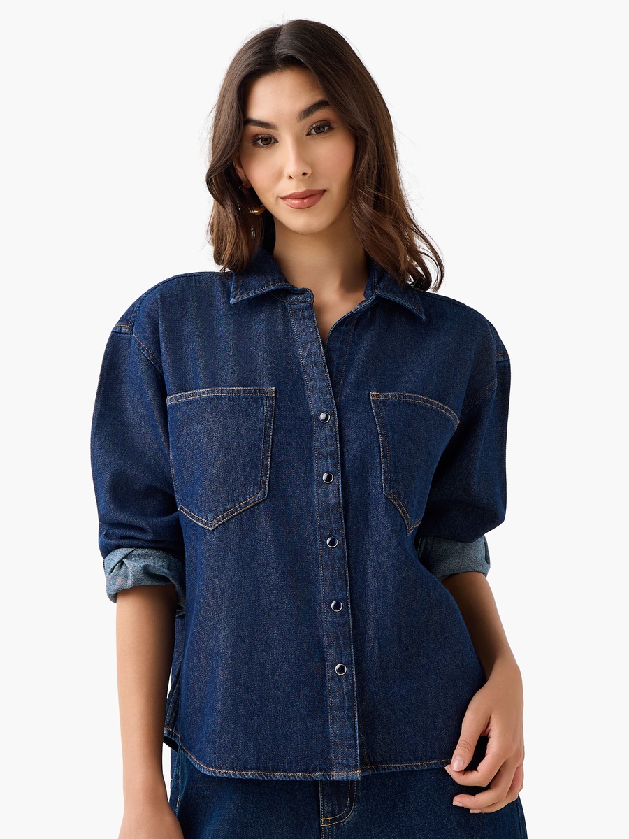 Oversized Fit Cotton Denim Shirt with Pocket