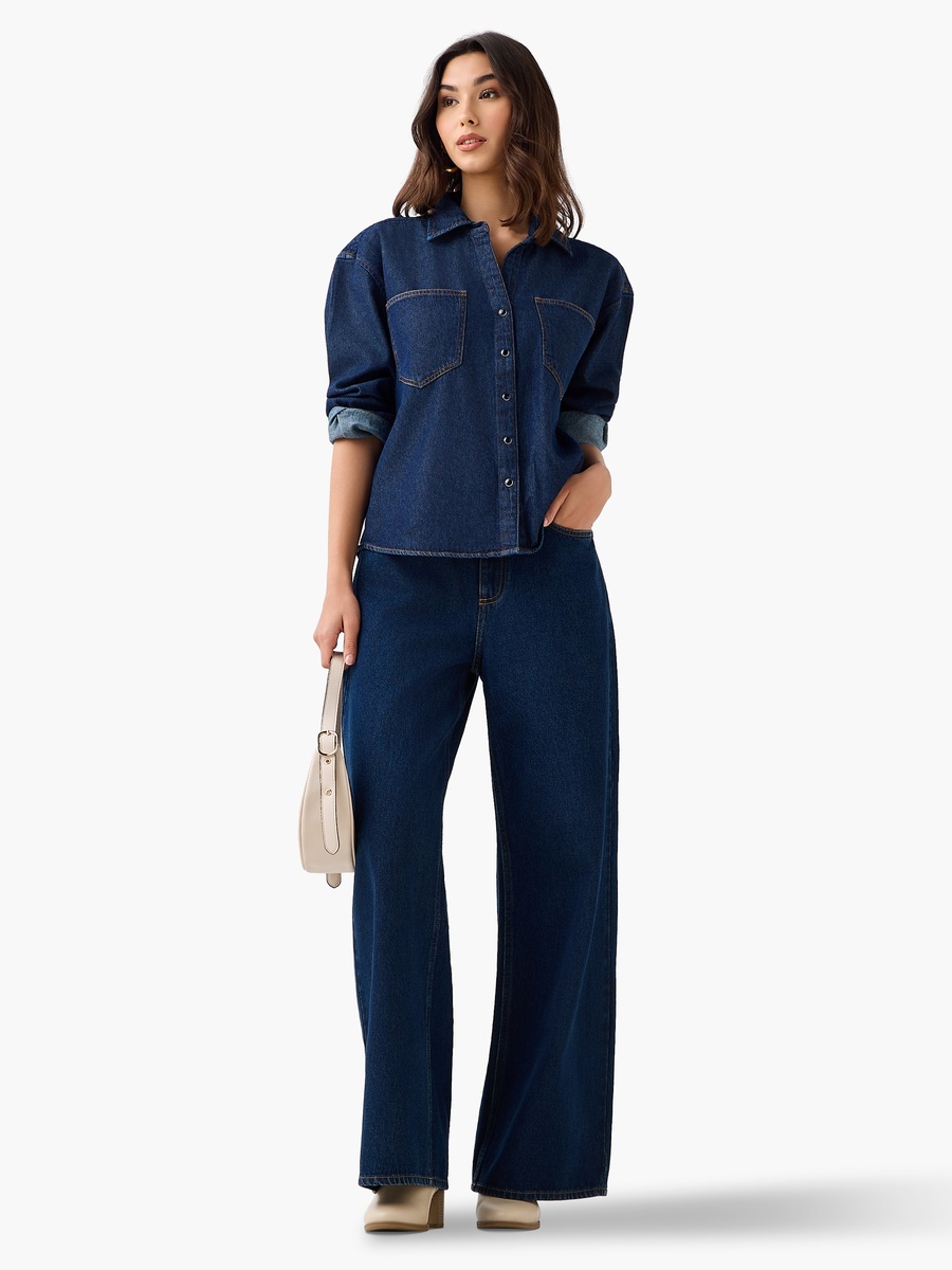 Oversized Fit Cotton Denim Shirt with Pocket