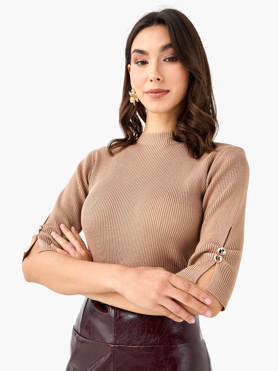 T-Shirt with Ribbed Design and High Neck