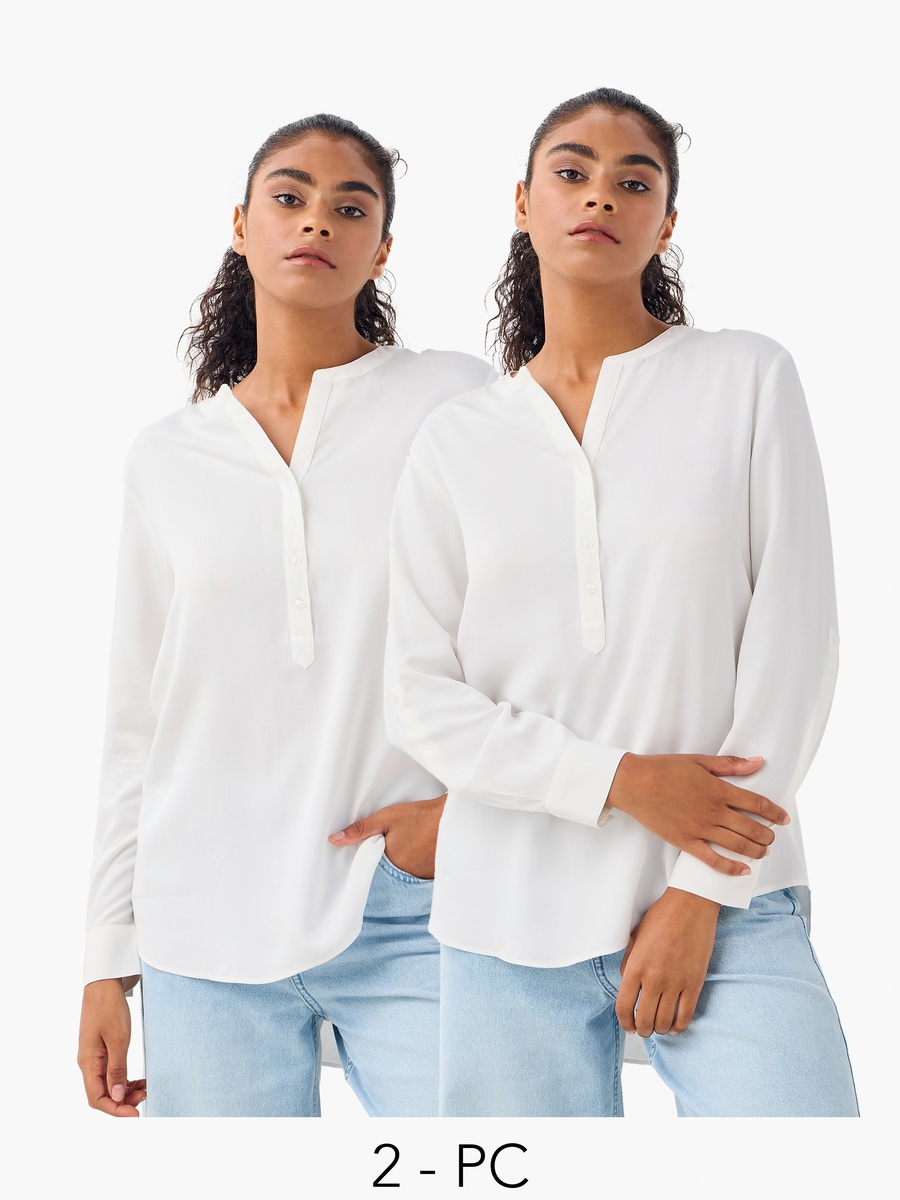 Set of 2 - Mandarin Collar Top with Long Sleeves and High-Low Hemline