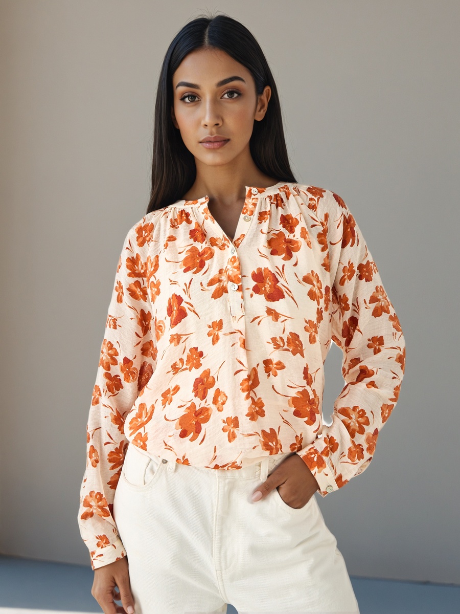 Mandarin Collar Top with Floral Print