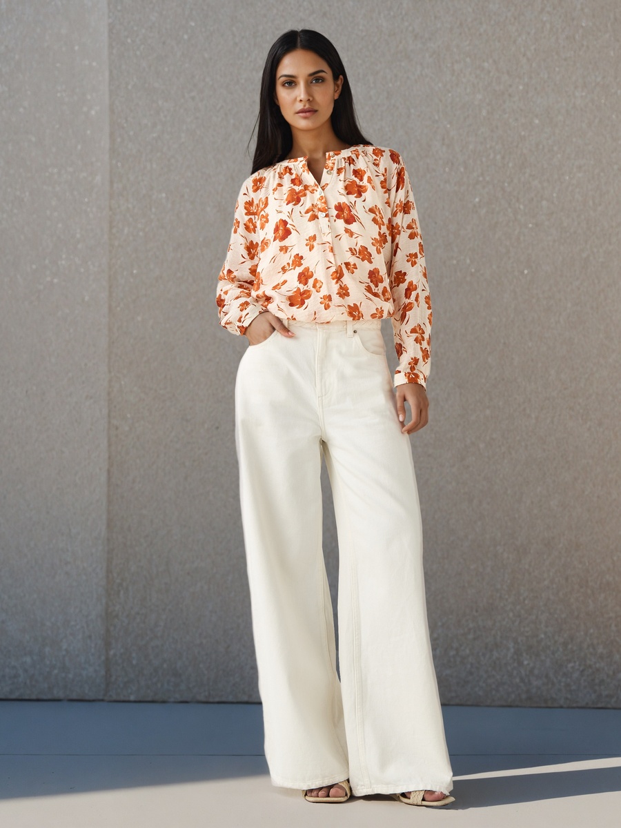 Mandarin Collar Top with Floral Print