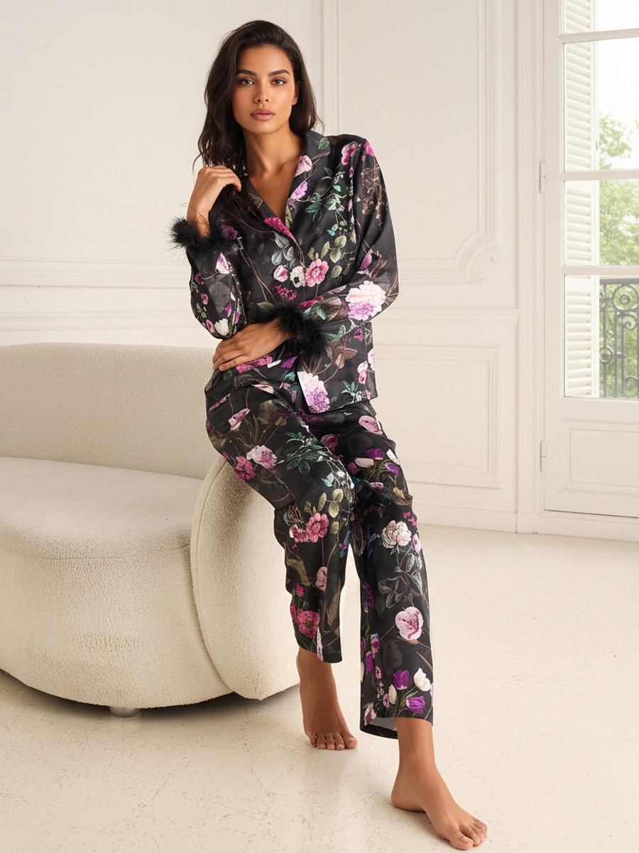 Pyjama Set with Satin Button-Down Shirt and Pants