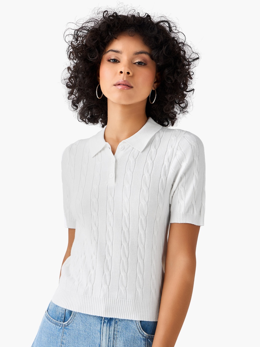 Regular Fit Polo T-Shirt with Cable Knit Design