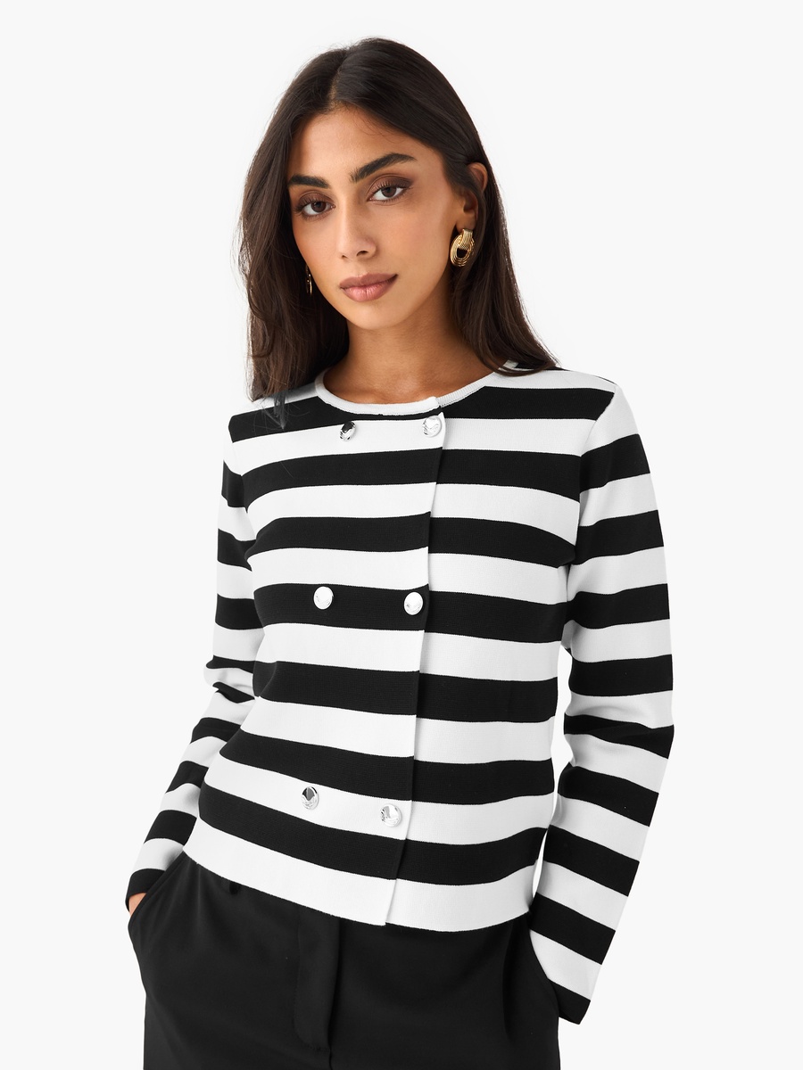 Regular Fit Striped Round Neck Cardigan