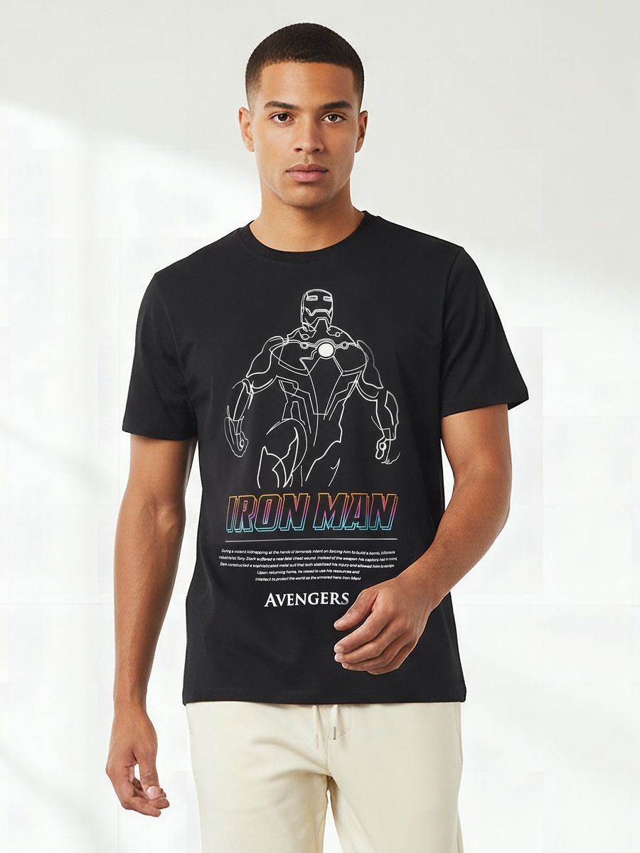 Men Regular Fit Crew Neck Short Sleeves Iron Man Print T-Shirt