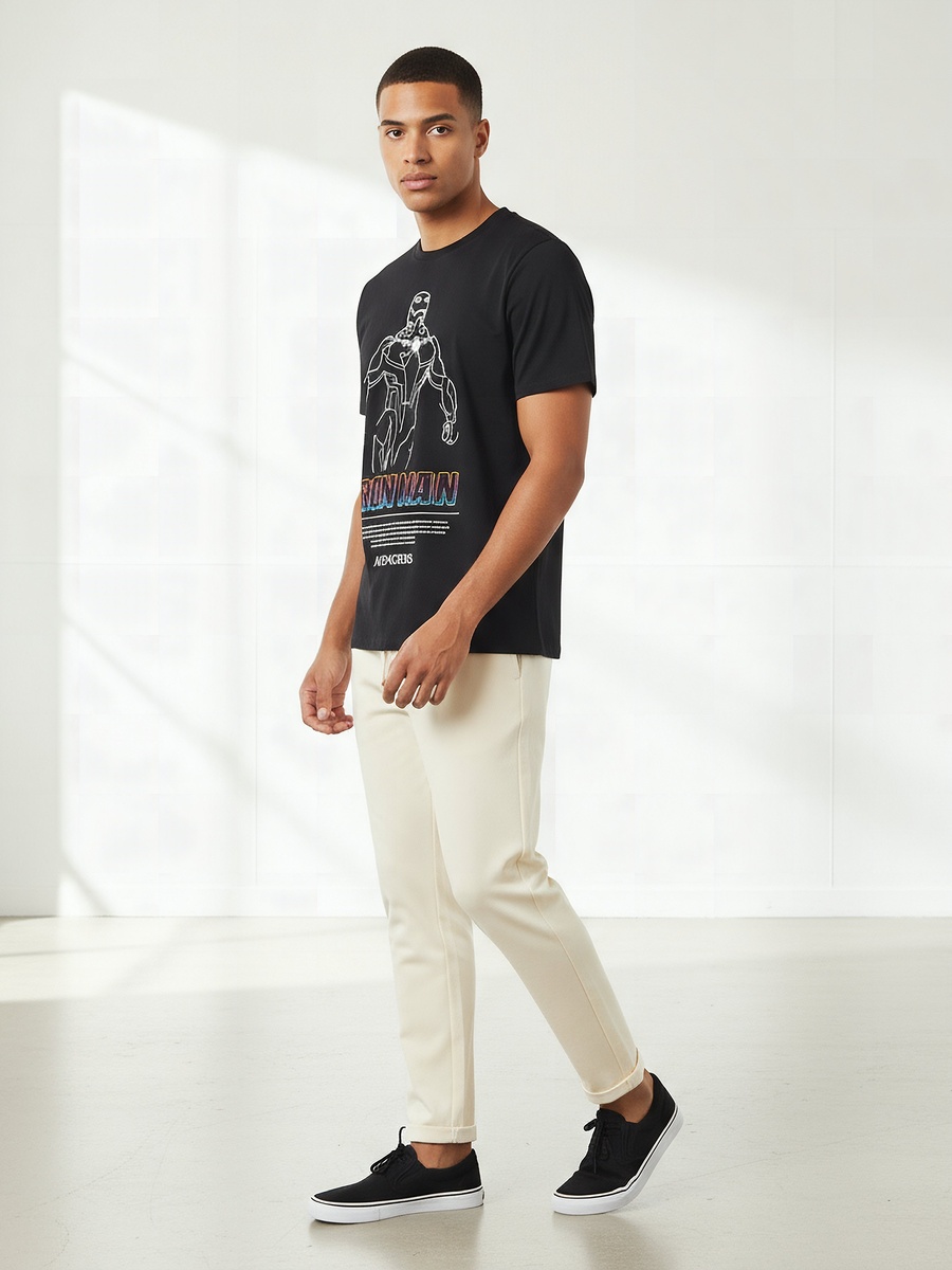 Men Regular Fit Crew Neck Short Sleeves Iron Man Print T-Shirt