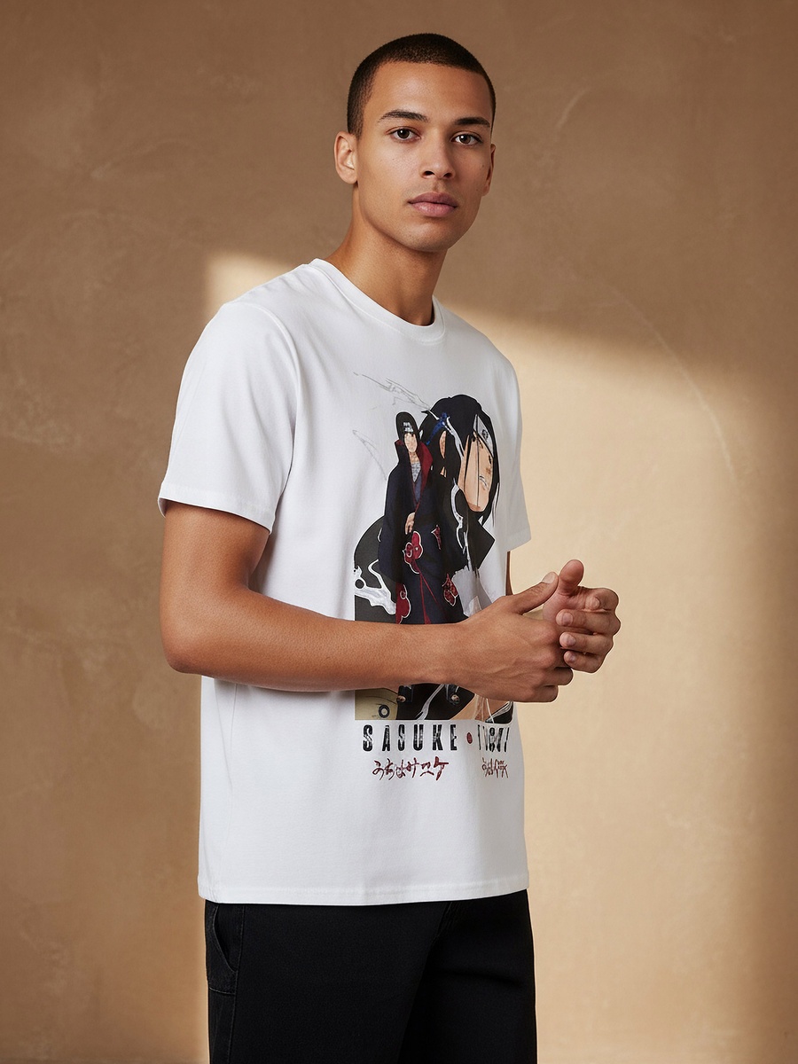 Men Regular Fit Crew Neck Short Sleeves Sasuke Itachi Print T-Shirt