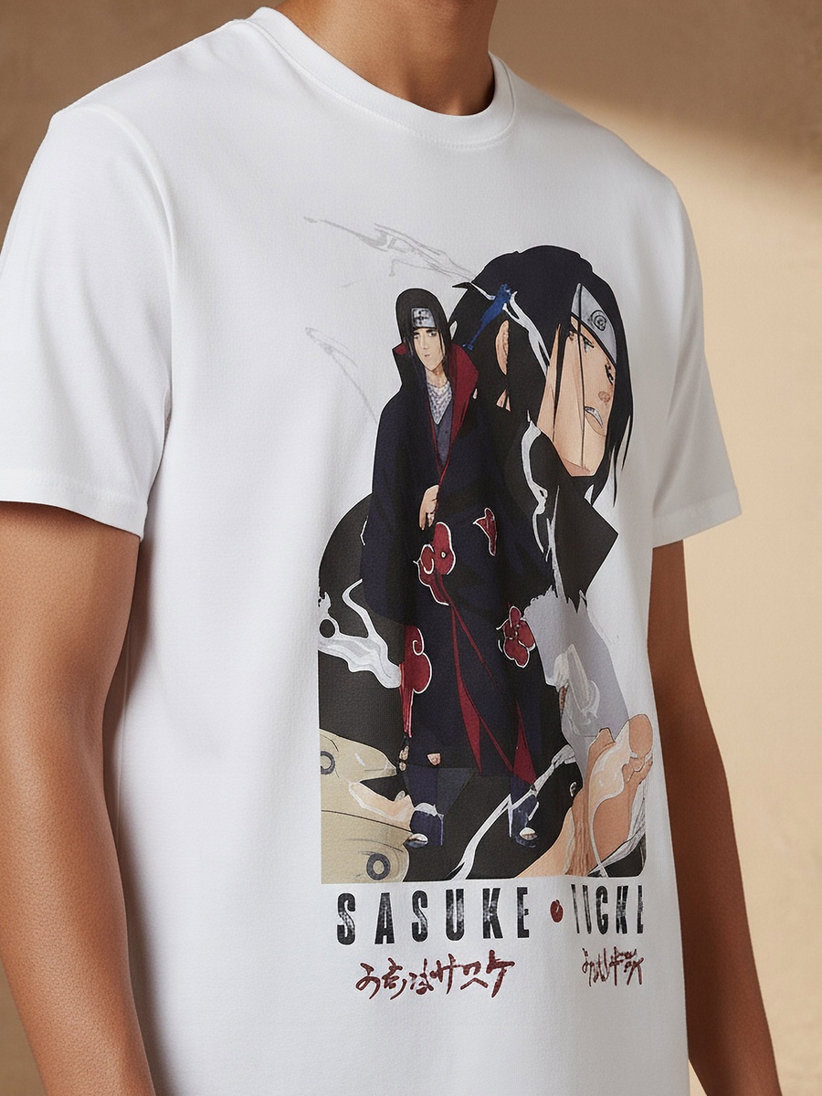Men Regular Fit Crew Neck Short Sleeves Sasuke Itachi Print T-Shirt