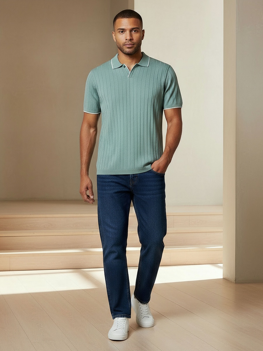 Men Short Sleeves Ribbed Polo T-Shirt