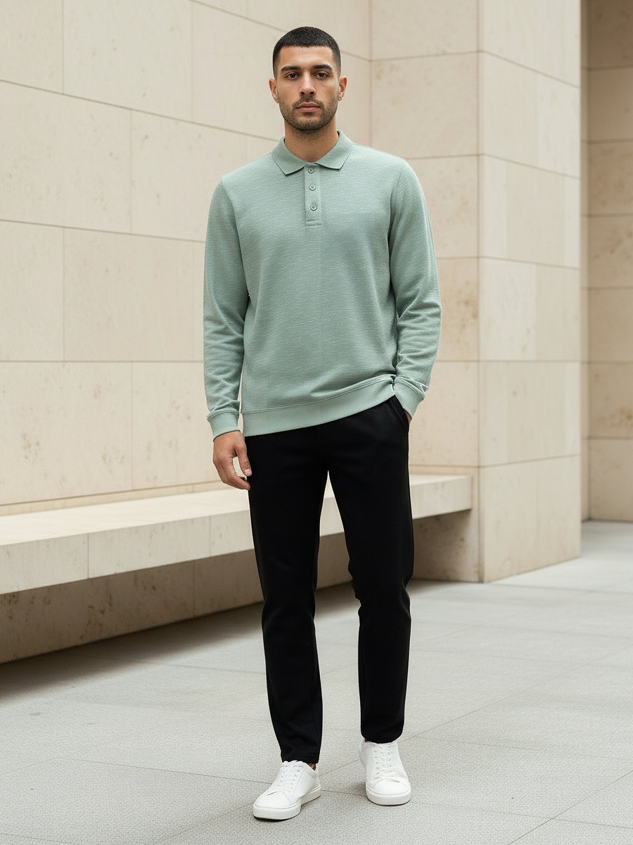 Men Long Sleeves Textured Polo T-Shirt